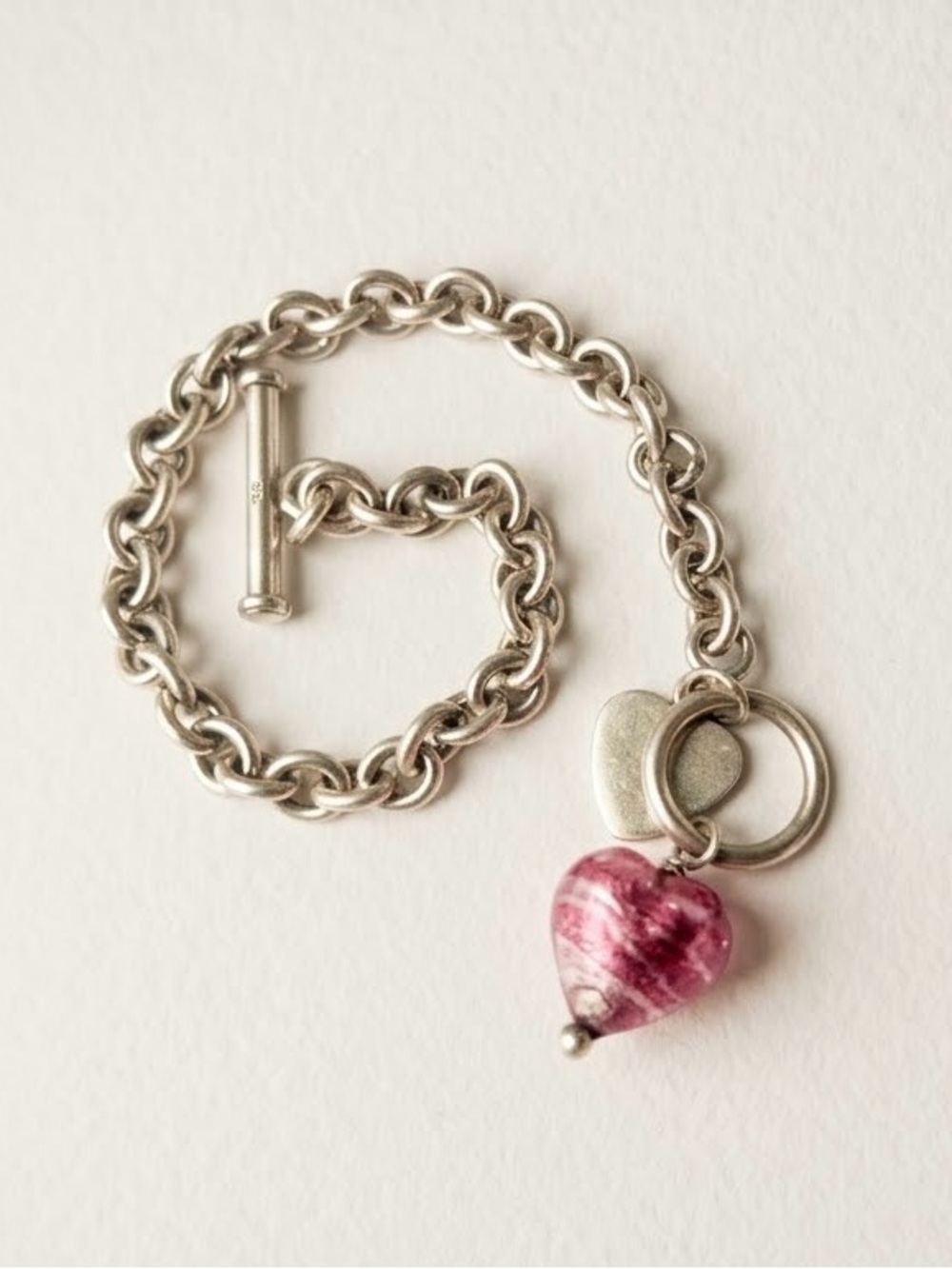 Vintage Silver Chain Bracelet with Pink Glass Heart Charm